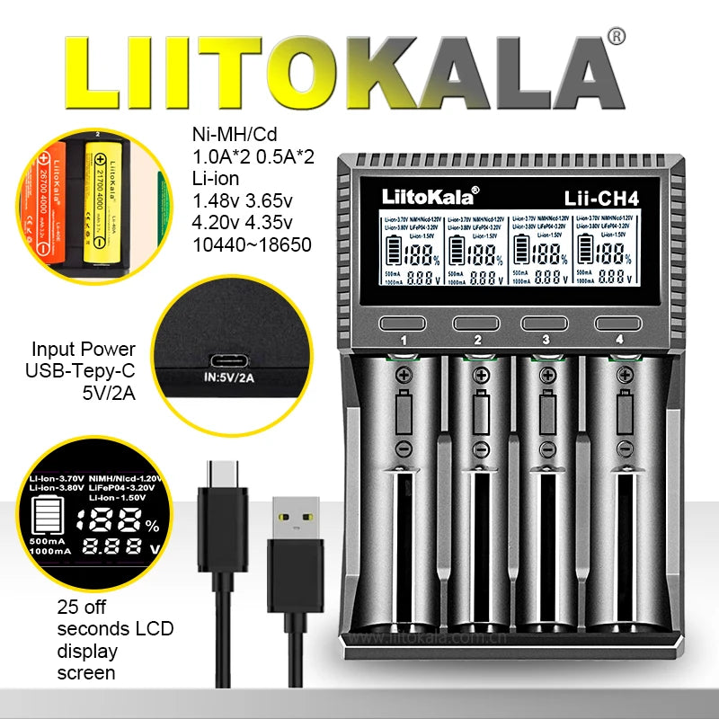 Smart Battery Charger for 18650, 21700, 26650, AA, AAA Batteries - Fast USB-C Charging