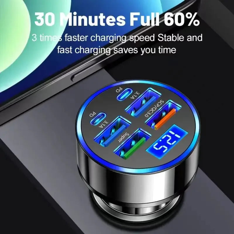 6-in-1 USB C Car Charger Adapter with Voltage Display Fast Charging for iPhone and Samsung