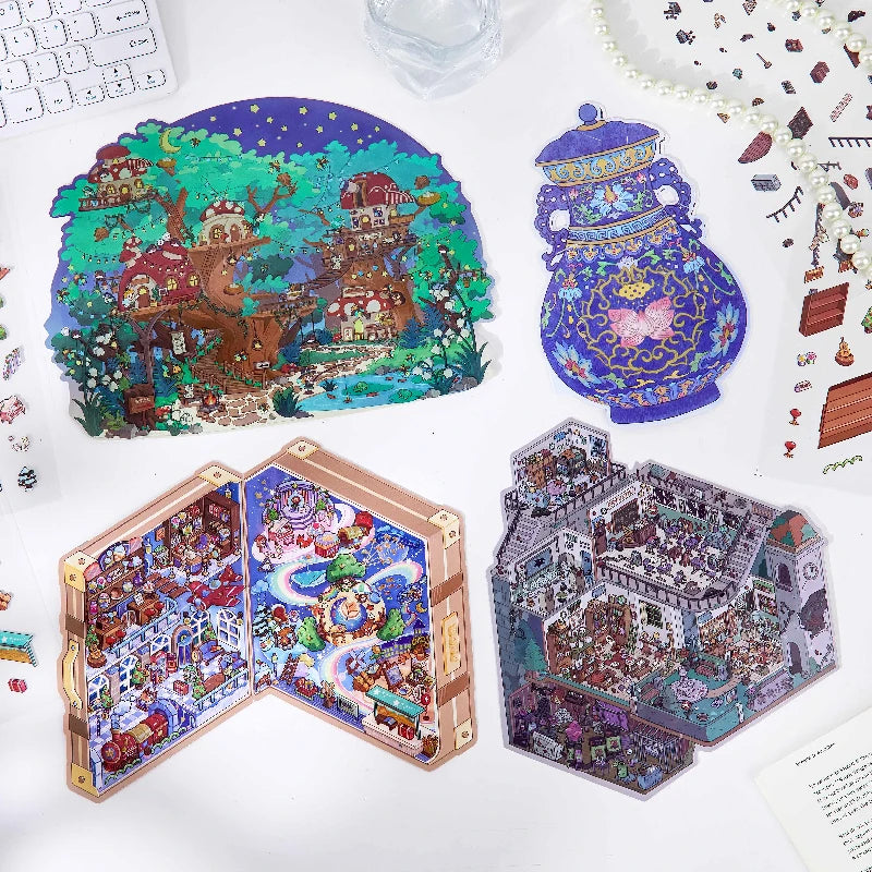 Kawaii Milky Way Forest Landscape Sticker Set - DIY Cabin Scene, Multiple Colors