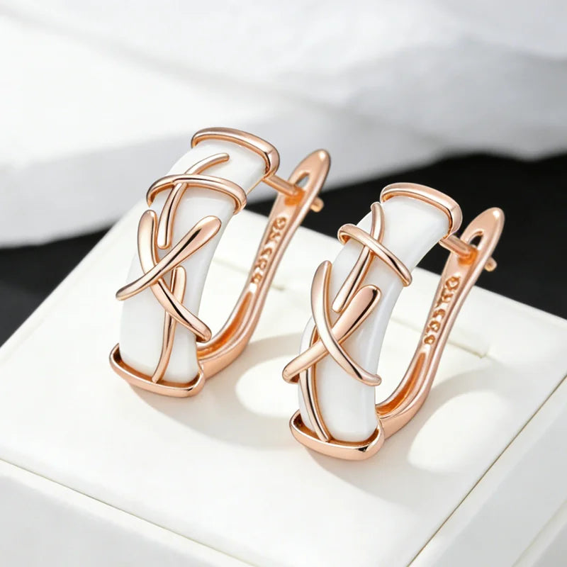 White Ceramic Drop Earrings for Women - 19x7mm Rose Gold Jewelry