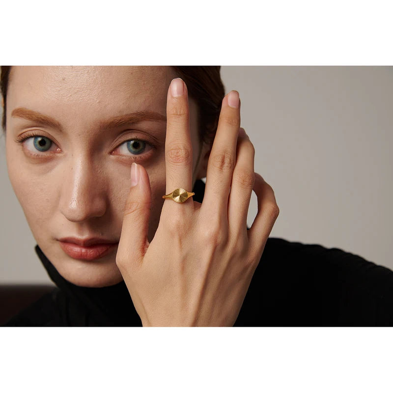Golden Geometric Stainless Steel Ring for Women - Statement Jewelry, Multiple Sizes