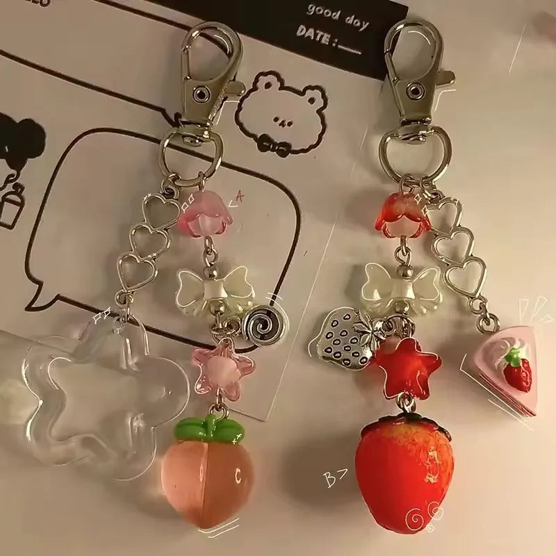 Y2K Handmade Fruit Keychain Set - Strawberry & Peach Fairytale Charm for Girls
