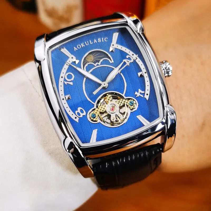 Men's Luxury Automatic Moon Phase Watch with Skeleton Dial Leather Strap