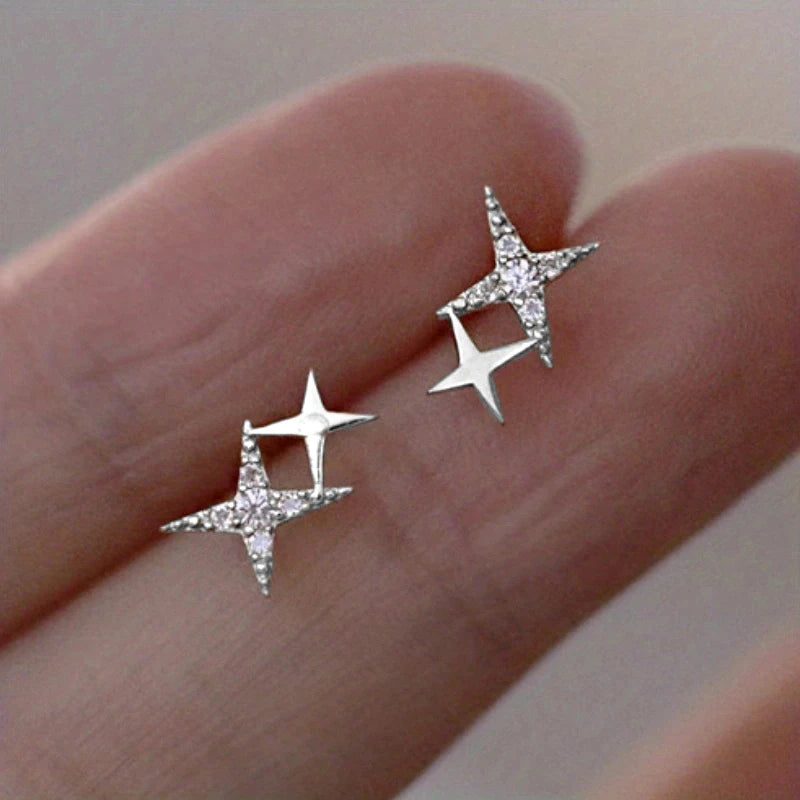 Fashion Silver Color Stud Earrings for Women - Asymmetrical Cross Star Jewelry