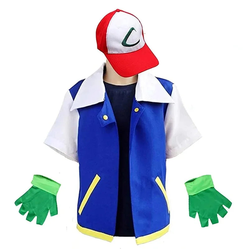 Anime Ash Ketchum Cosplay Costume Set for Kids & Adults - Blue Jacket Cap Gloves