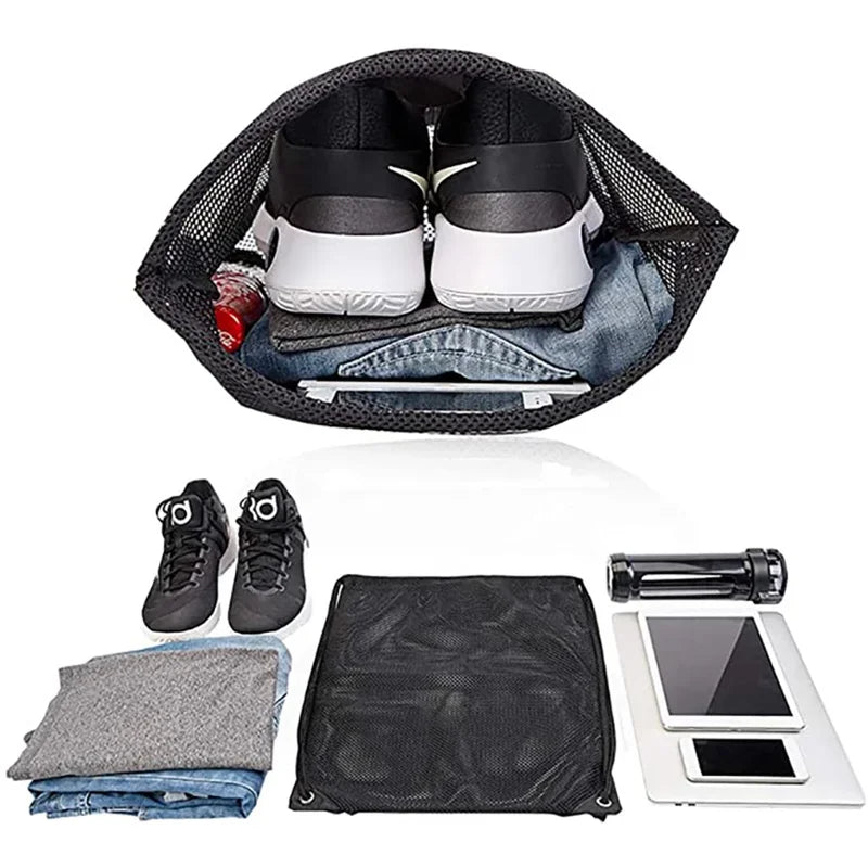 Heavy Duty Mesh Drawstring Bag for Sports, Gym & Travel - Black
