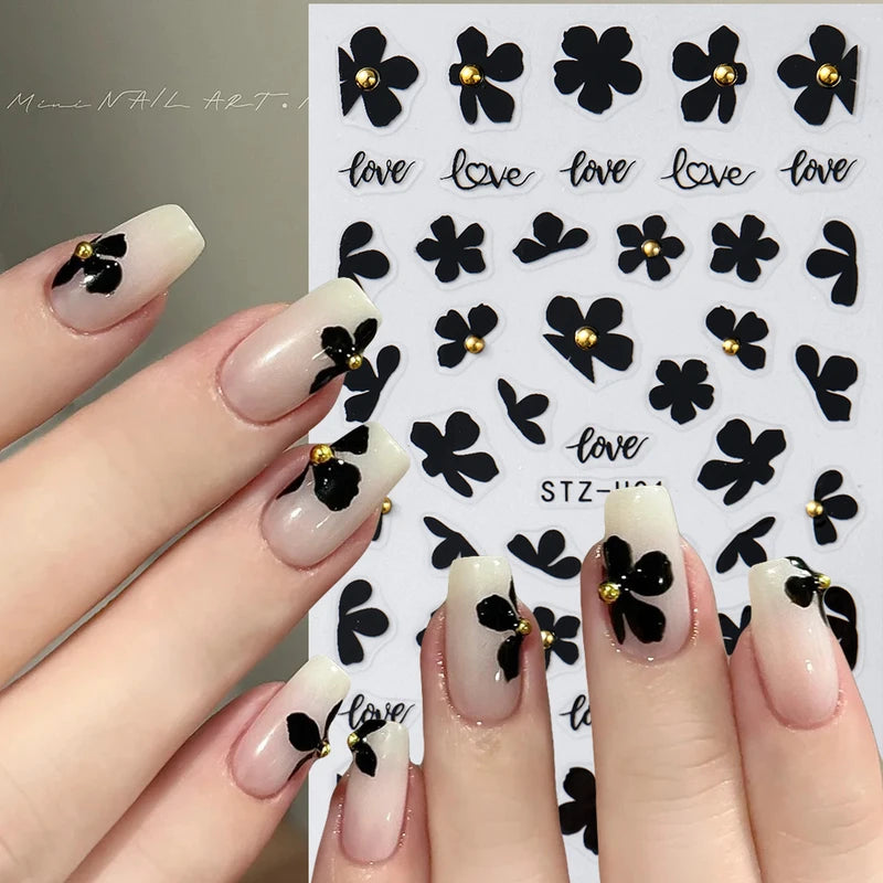 2pcs Black Flower Nail Stickers with Gold Beads - Easy Manicure Decor