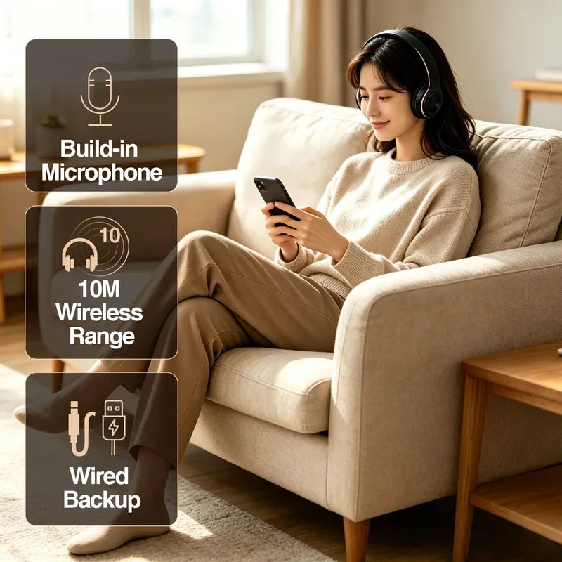 Wireless Bluetooth Headphones with FM Radio Support SD Card Mic Long Battery Life