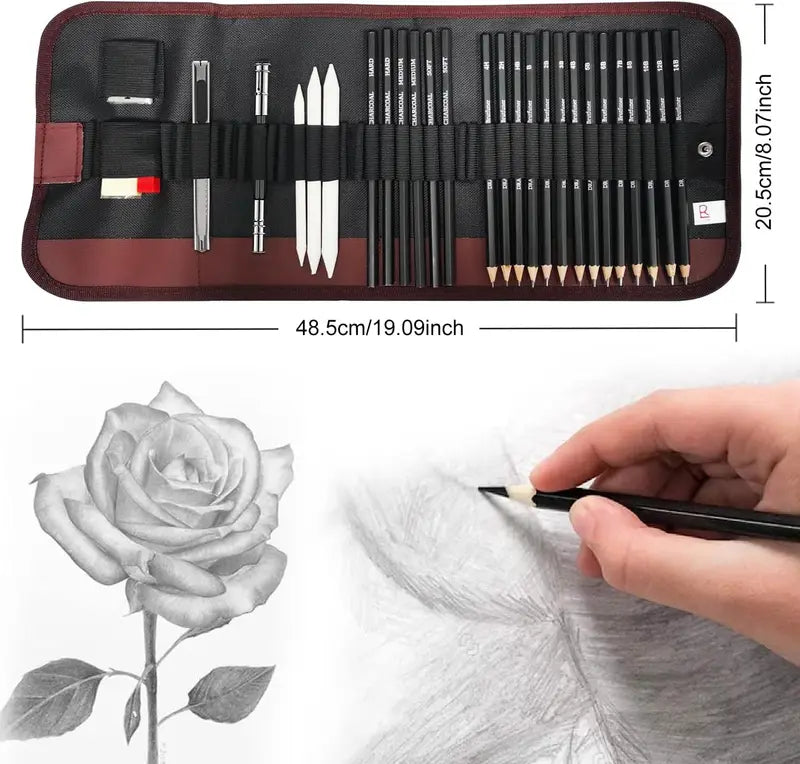 29-Piece Drawing Kit Set with Sketching Pencils Charcoal Sticks Eraser & Sharpener