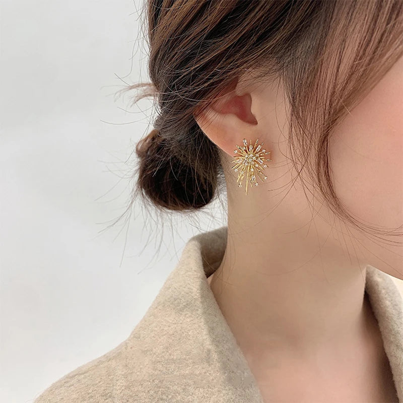 Korean Style Firework Flower Clip-On Earrings Without Piercing Zirconia Jewelry for Women