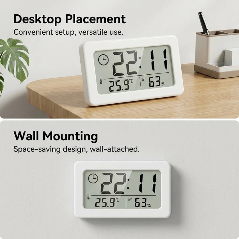 Digital Clock with Temperature and Humidity Meter - Battery Powered Indoor Environment Monitor