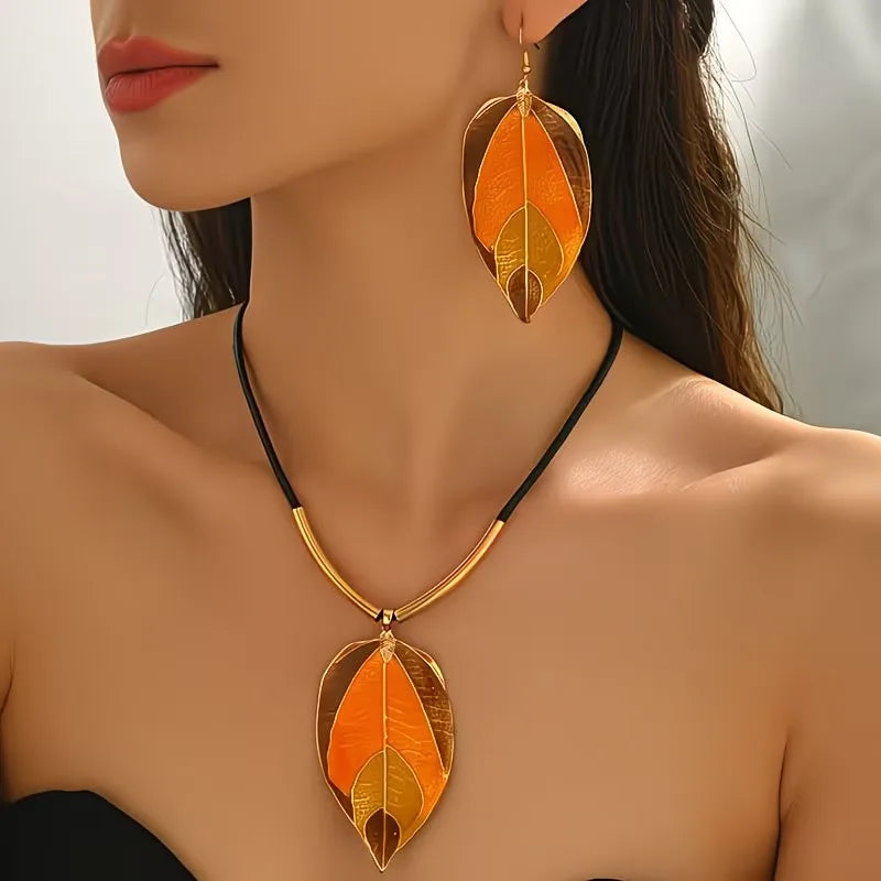 Bohemian Leaf Jewelry Set with Necklace and Earrings for Women - Vintage Layered Gift