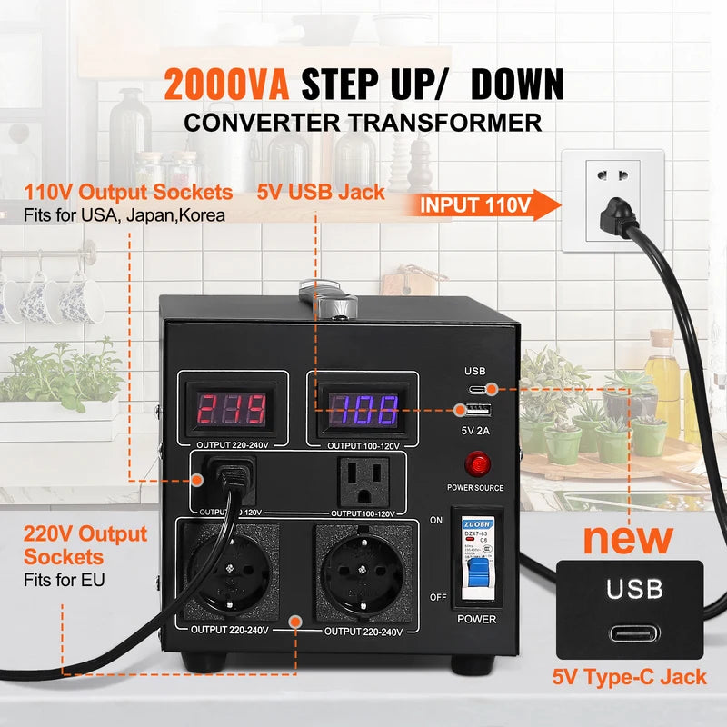 Heavy Duty Voltage Converter Transformer 2000VA-5000VA with US & EU Outlets and USB Port