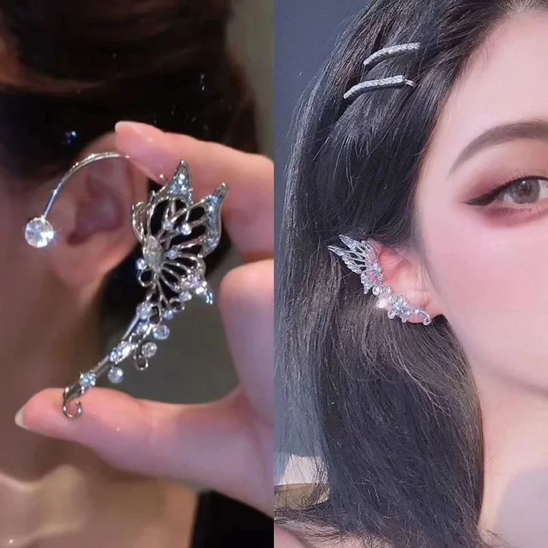 Korean Butterfly Ear Cuff Clip Earrings for Women Sparkling Zircon Wedding Jewelry