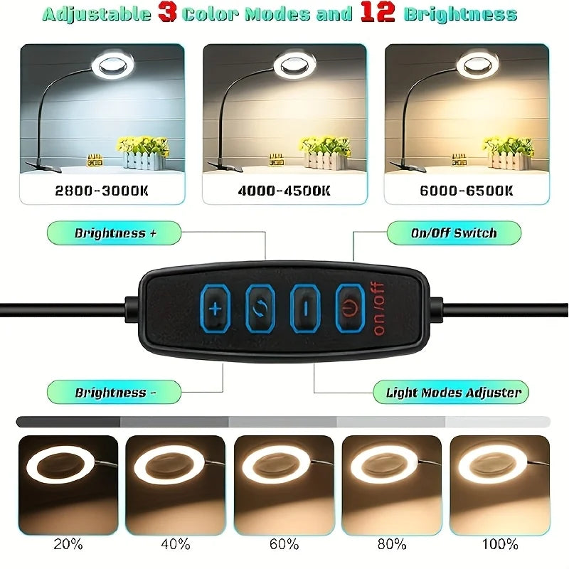 LED Clip-On Magnifying Desk Lamp 5X Magnifier Dimmable Adjustable Light