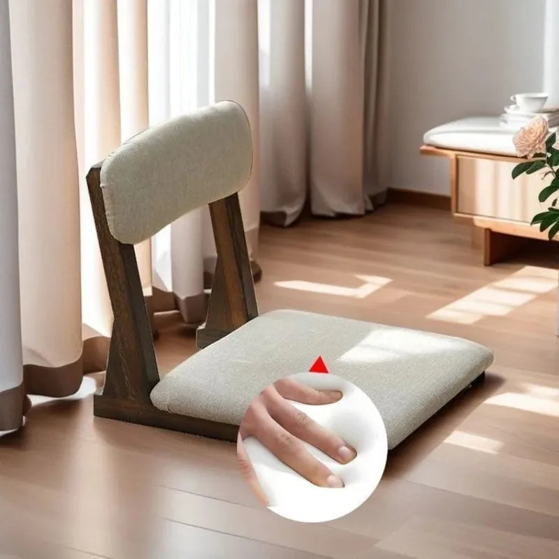 Japanese Style Wooden Tatami Chair with Backrest and Sponge Cushion - Low Lazy Stool