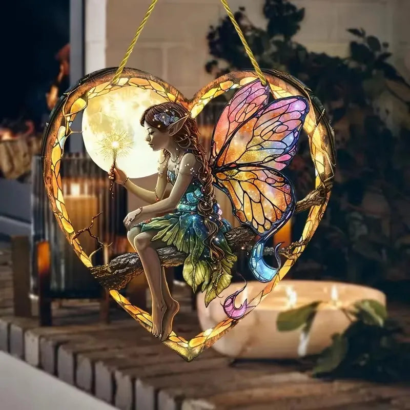 Fairy Night Suncatcher Wall Hanging - Heart Shaped Stained Glass Acrylic Decor