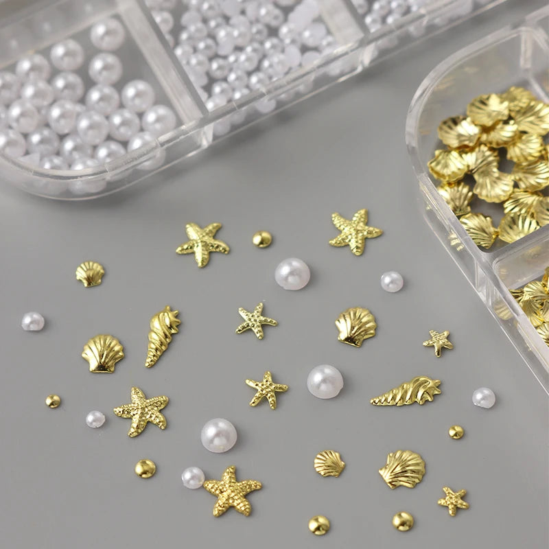 3D Gold Starfish Seashell Nail Art Charms & Beads for Summer Manicure