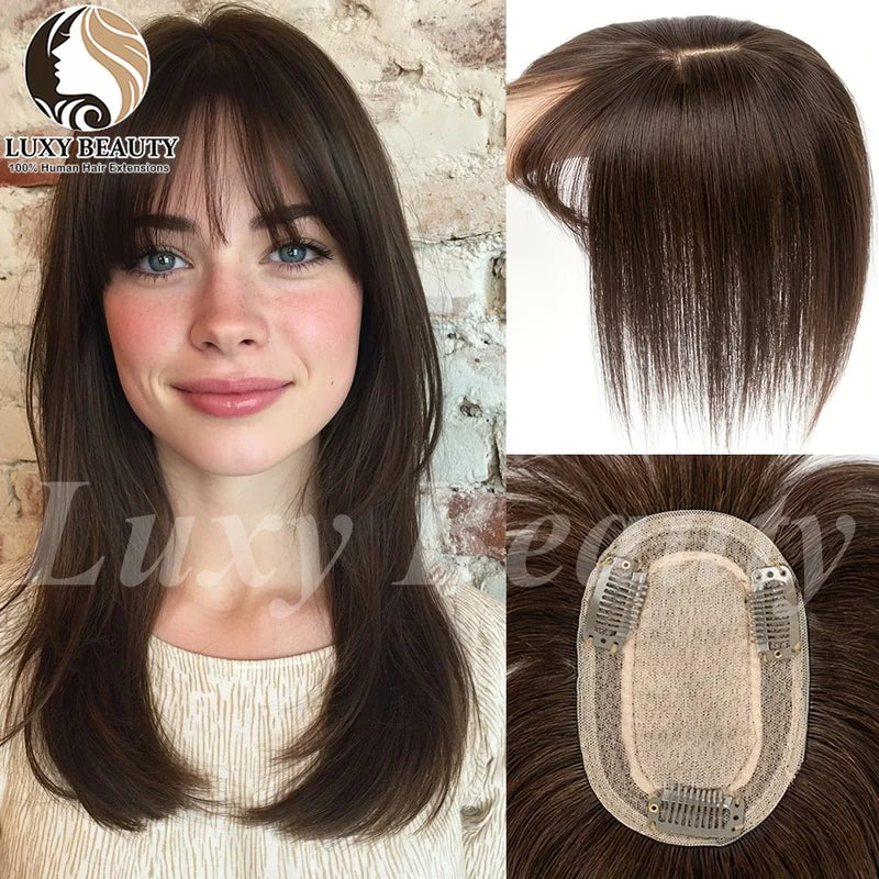 Human Hair Topper with Bangs for Women - Clip-In Hair Pieces, Natural Look