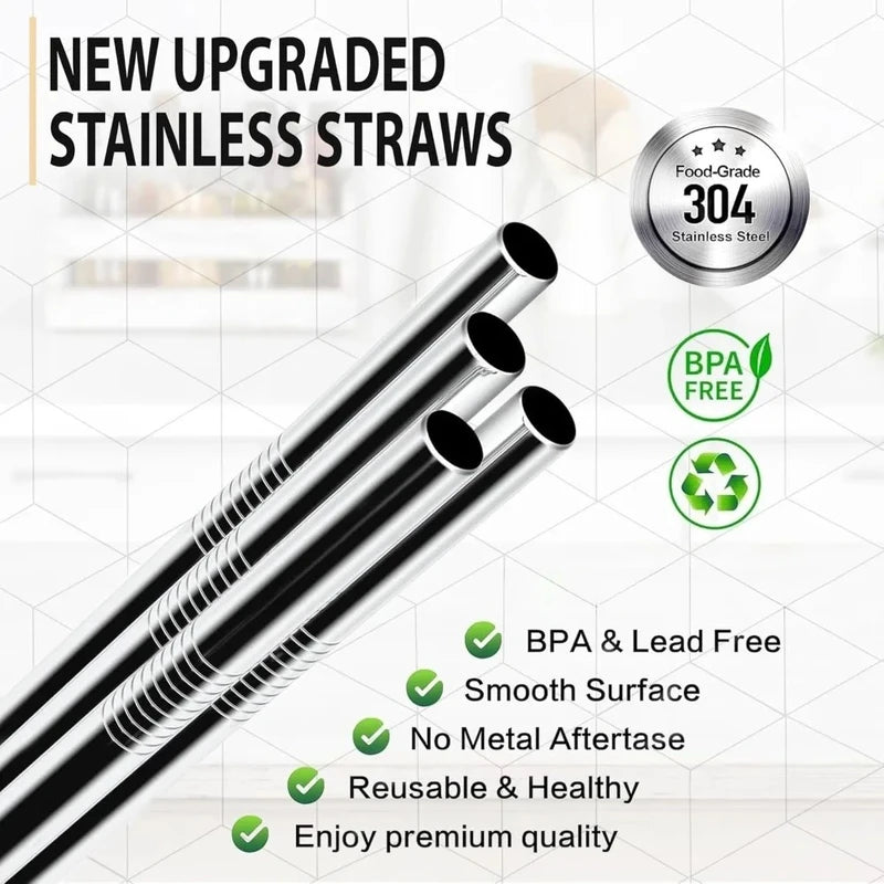 Stainless Steel Water Bottle Replacement Straws 8 Inch with Cleaning Brush - Reusable 40 oz