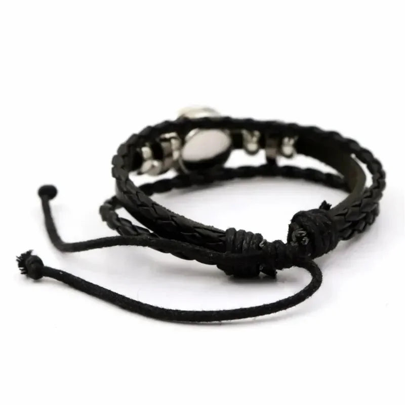 Handwoven Leather Bracelet with Glass Cabochon - Adjustable Boho Jewelry for Women