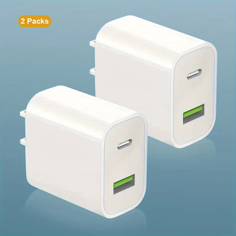 2-Pack High-Speed USB C Charger Block - Dual Port Fast Power Delivery Adapter