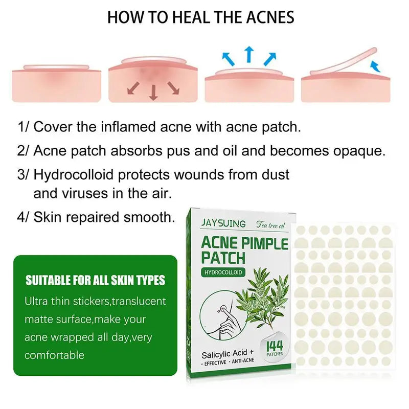 Acne Patches 144pcs Translucent Hydrocolloid Salicylic Tea Tree Oil for Inflamed Skin