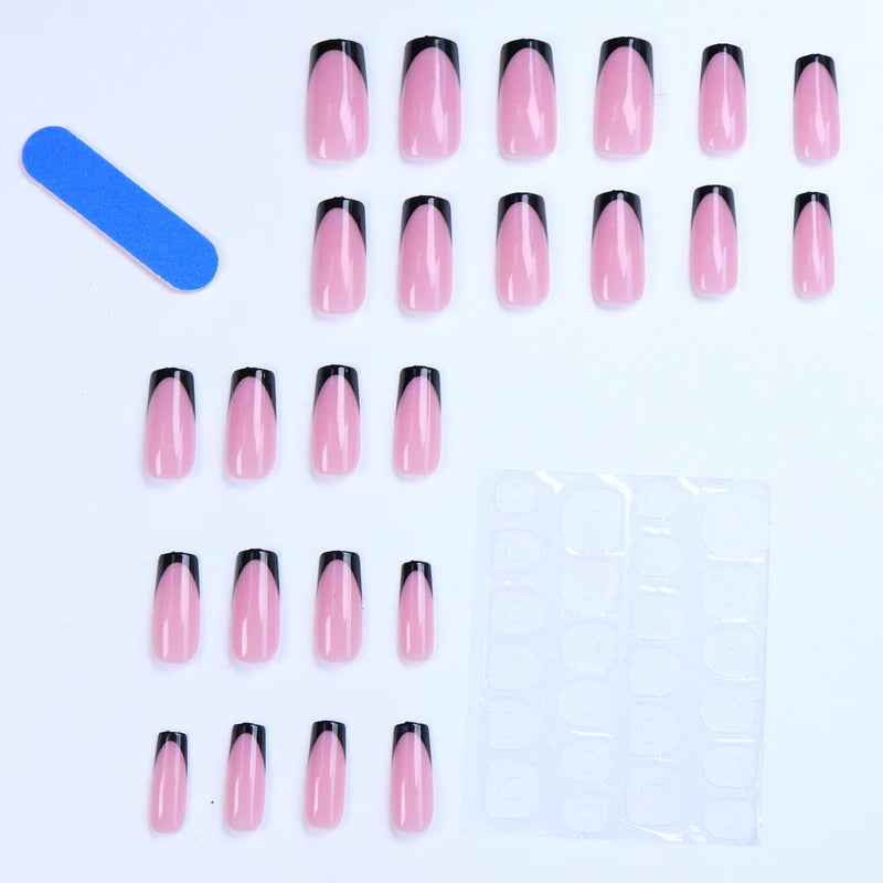 48pcs French Black Border Hand & Foot Fake Toenails Glossy Fully Covered Nude Spring Break Set
