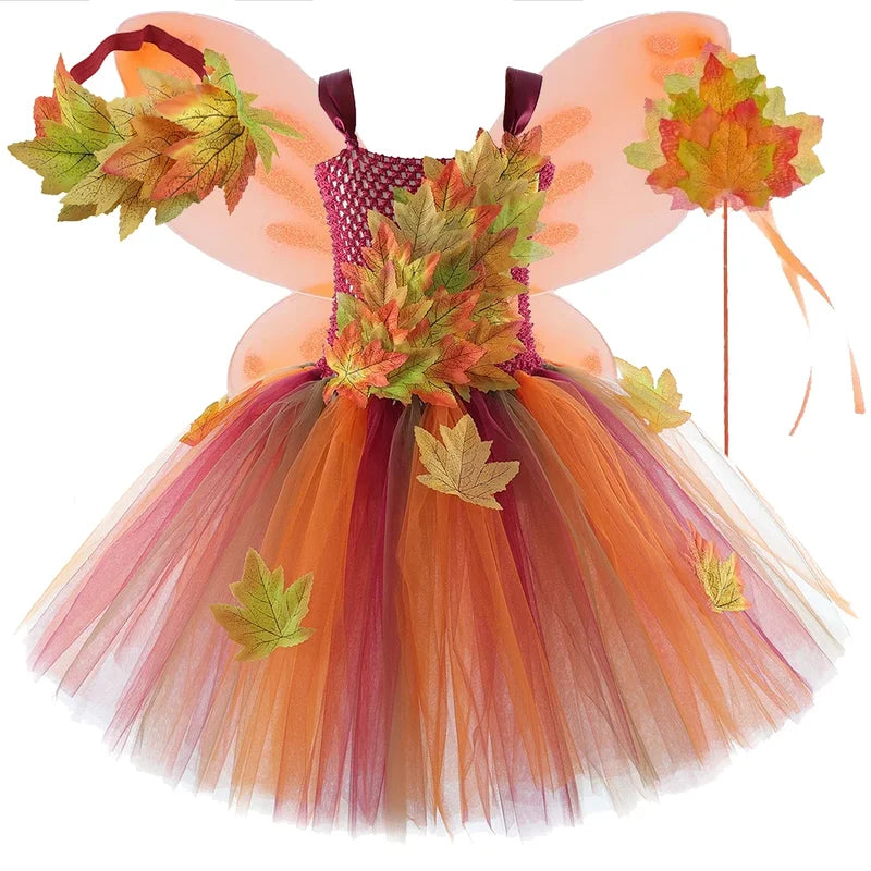 Kids Fairy Costume Dress for Girls Woodland Fall Tulle Princess Dress-Up Halloween Thanksgiving