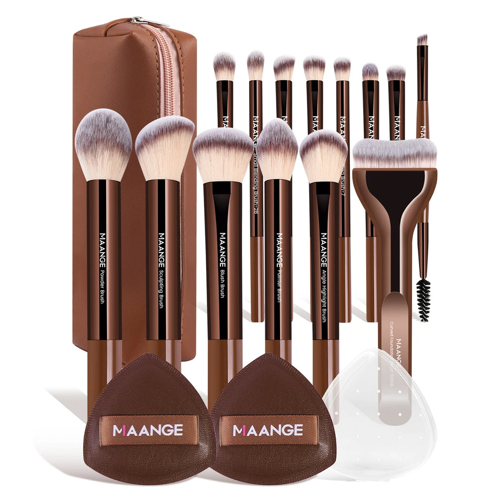 14-Piece Makeup Brush Set with Air Cushion Puffs - Foundation, Blush, Eye Brushes