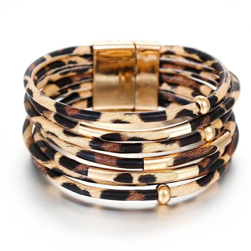 Leopard Leather Wrap Bracelet for Women Wide Boho Multi-Layer Jewelry