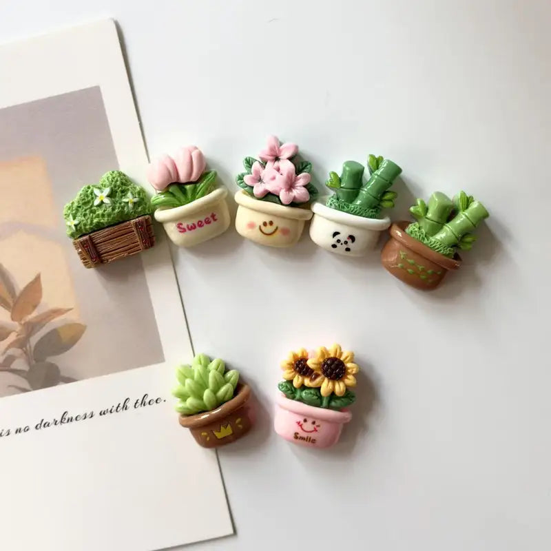 Mini Potted Cactus Resin Fridge Magnet Home Decor Set - All Colors Included