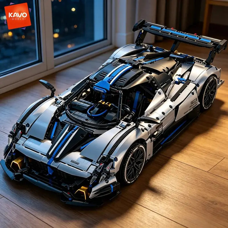Super Sports Car Building Blocks Set 1:8 Scale DIY Race Car Model Kit - Silver Blue, Mechanical & Display
