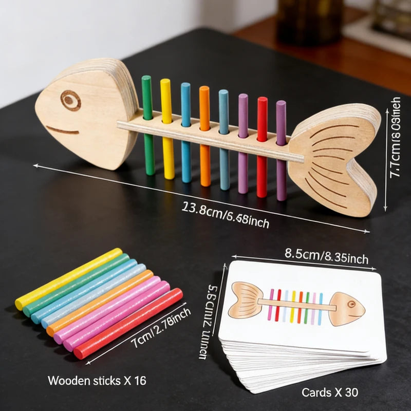 Wooden Fishbone Balance Toy for Kids - Educational Motor Skills Game, 30 Cards