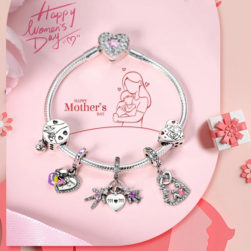 Sterling Silver Charm Bead for Bracelets - Mother's Day Love Heart Jewelry