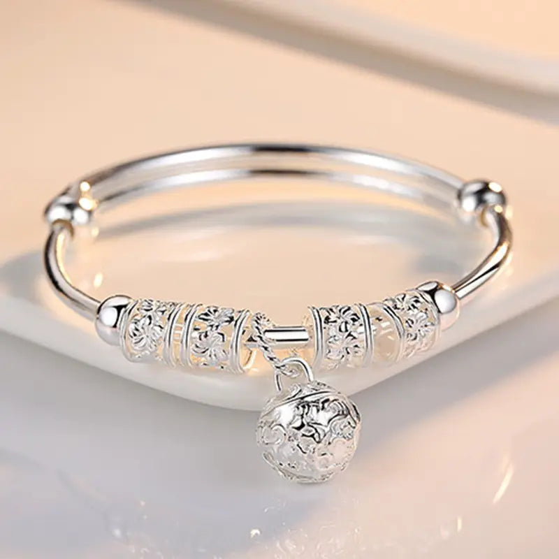 Silver Color Hollow Bell Bangles for Women Adjustable Wedding Jewelry
