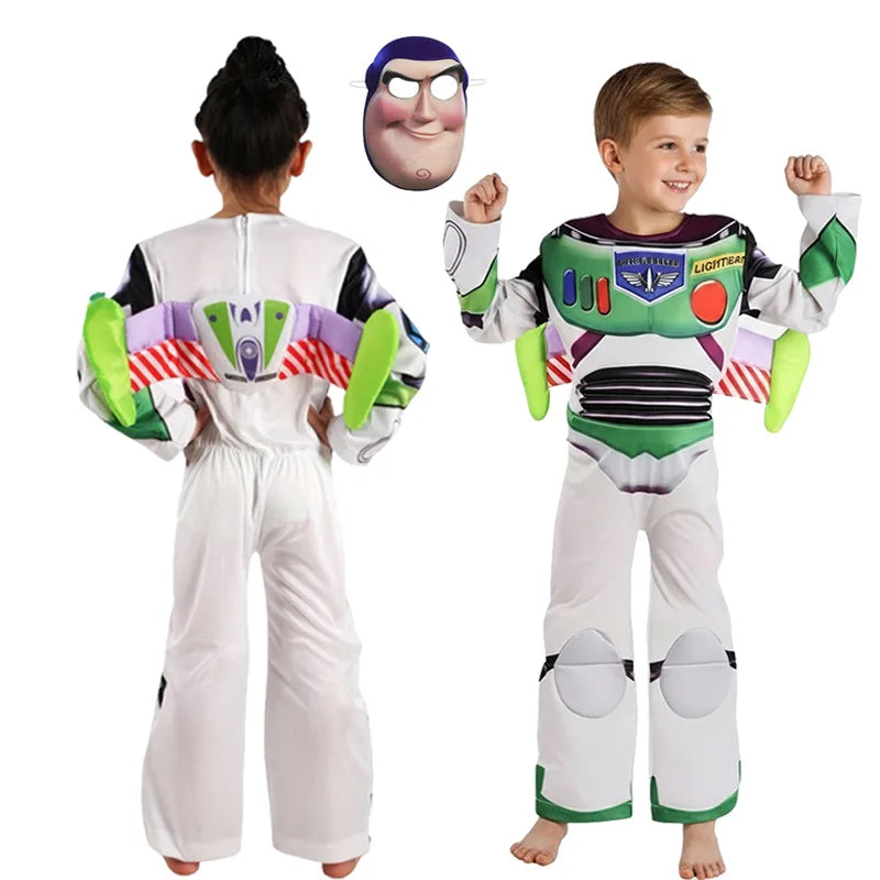 Kids Halloween Cosplay 3-Piece Buzz Jumpsuit with Mask, Wings & Cowboy Outfit