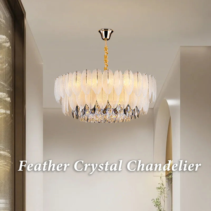 Modern Crystal Chandelier with Gold Finish - Dimmable Tri-Color E14 Fixture
