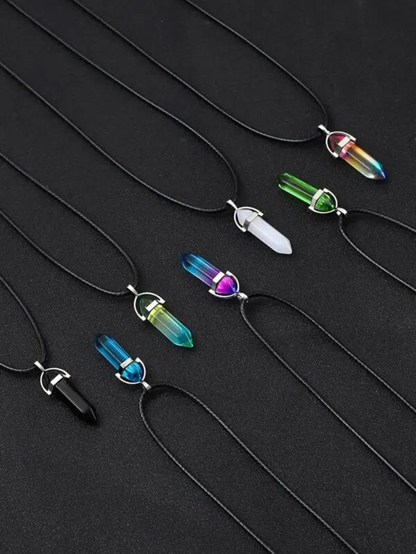 Set of 7 Crystal Hexagonal Column Necklaces for Women and Men - Healing Gemstone Jewelry