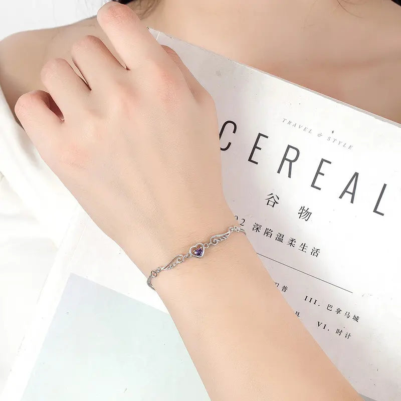 Sterling Silver Angel Lover Zircon Amethyst Bracelet for Women - Engagement & Wedding Jewelry