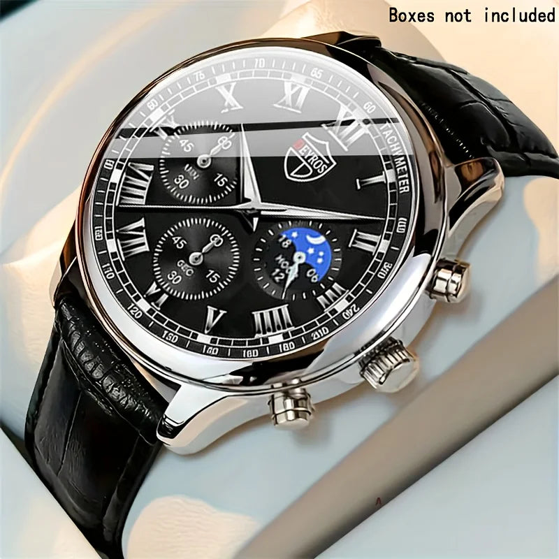 Men's Luxury Business PU Leather Round Dial Quartz Watch - Multiple Colors
