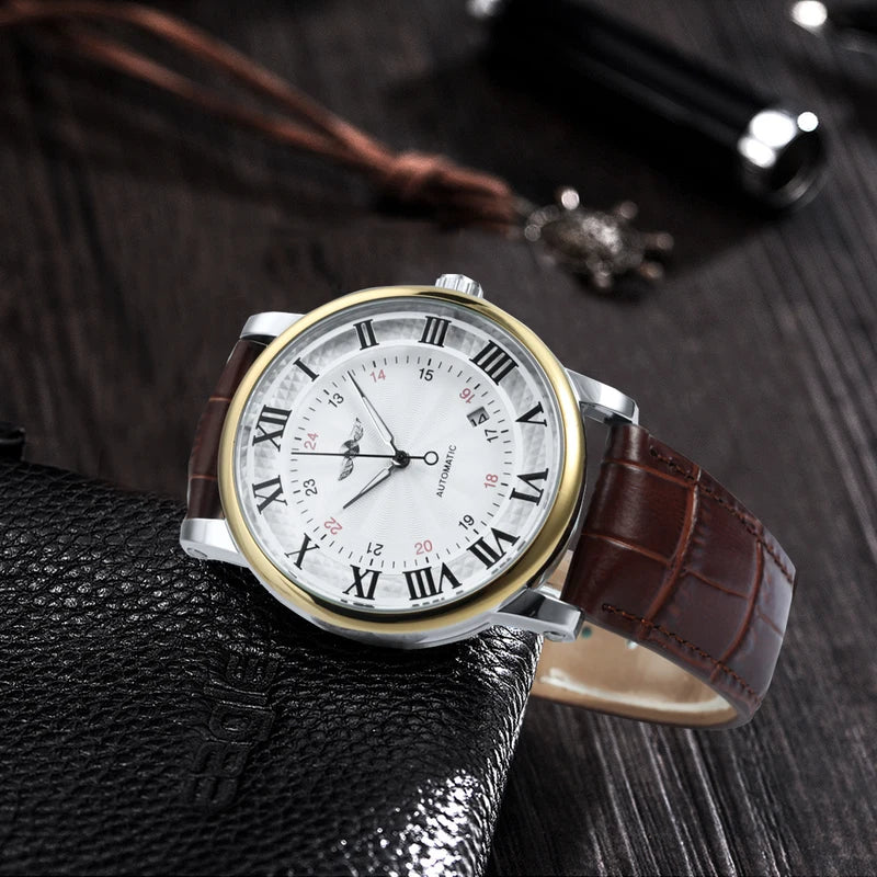 Men's Automatic Mechanical Watch with Leather Strap, Date Display, Minimalist Design