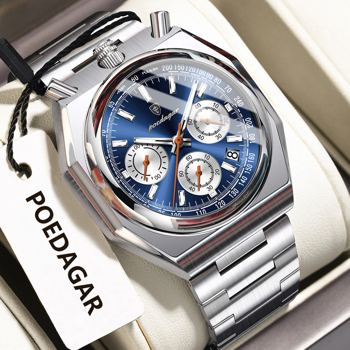 Men's Waterproof Chronograph Watch with Luminous Dial and Stainless Steel Band