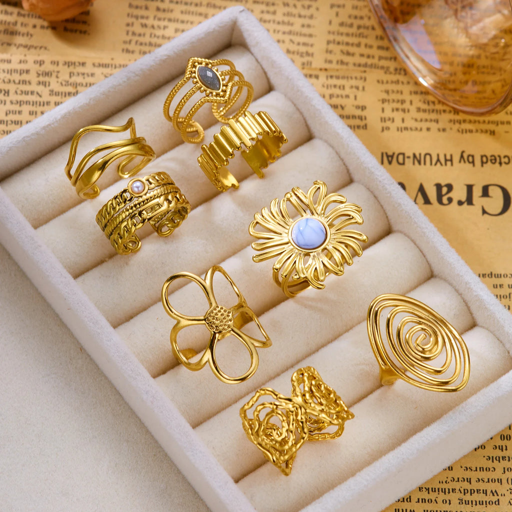 Vintage Geometric Stainless Steel Rings Set for Women Irregular Natural Stone Jewelry