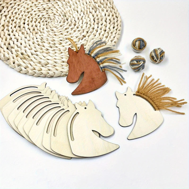 Wooden Horse-Head-Shaped Ornaments Set for Painting DIY Crafts Party Decor