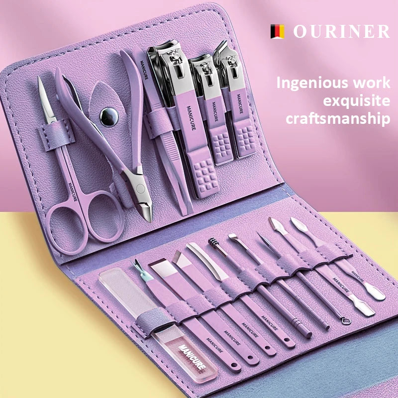 Stainless Steel Manicure & Pedicure Set 12/16 Pcs with Leather Portable Case - Gift Idea