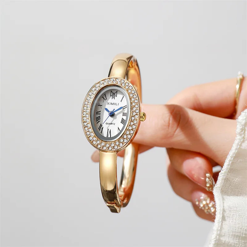 Oval Women's Diamond Quartz Watch with Alloy Strap and Roman Dial
