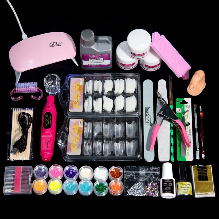 Professional Manicure Set with Acrylic & Glitter Powders Nail Kit with Liquid and Crystal Decor
