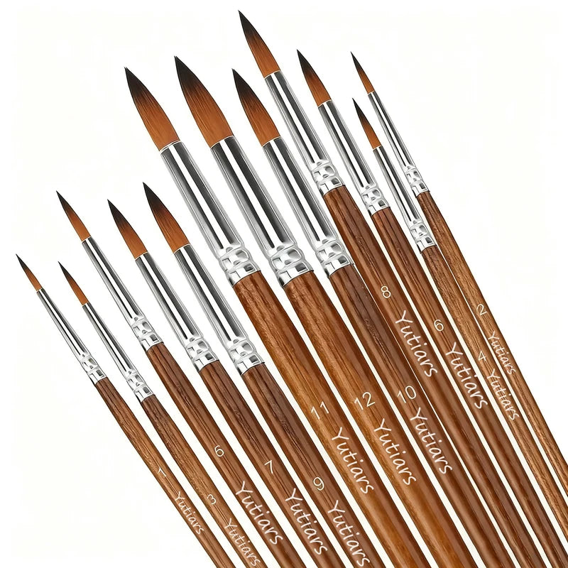 12-Piece Artist Paint Brush Set - Versatile Watercolor, Acrylic, Oil & Gouache Brushes