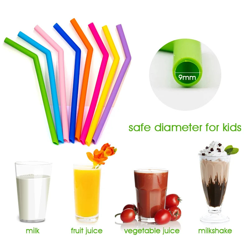Reusable Food-Grade Silicone Drinking Straws - Foldable & Flexible, Eco-Friendly, Includes Cleaning Brush
